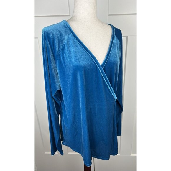 Jewel Tone Teal Blue Velour Faux Wrap Top Long Sleeve Soft Drape Party Date - Picture 7 of 10
